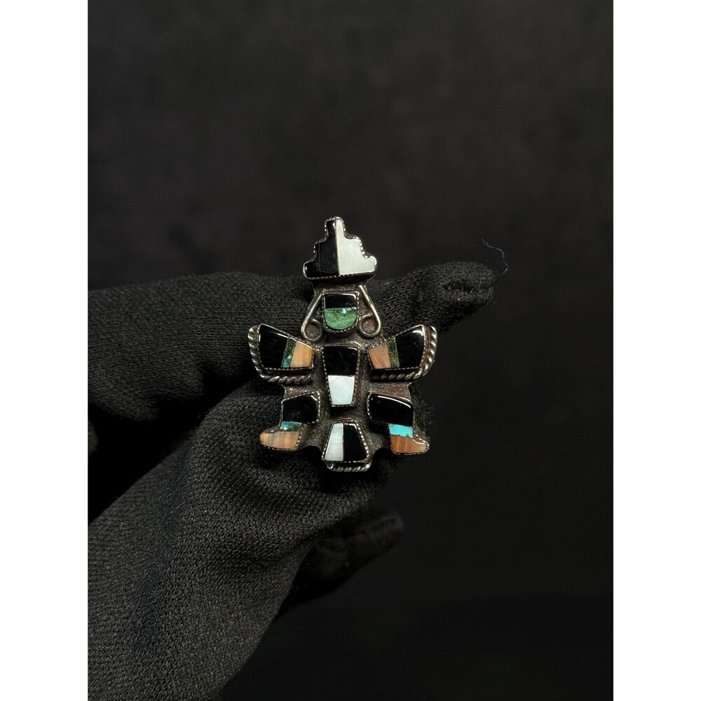 Native American Sterling Silver Inlay Figure Pin REX Signed Southwestern Vintage